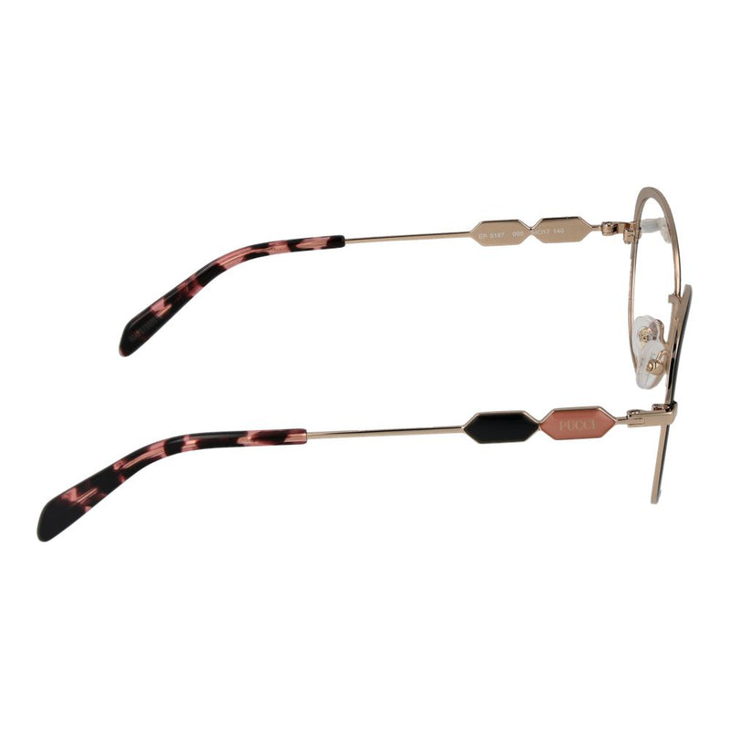 Gold and black metal glasses frames with tortoiseshell temple tips seen from the side