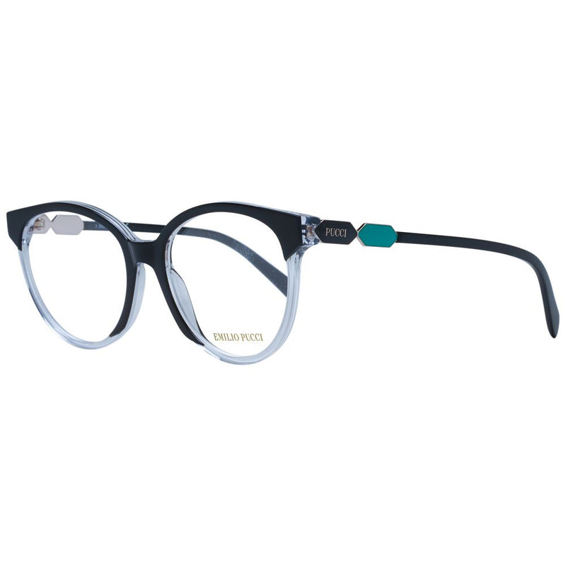 Emilio Pucci black and clear plastic eyeglasses frames with a rounded shape and green temple accents