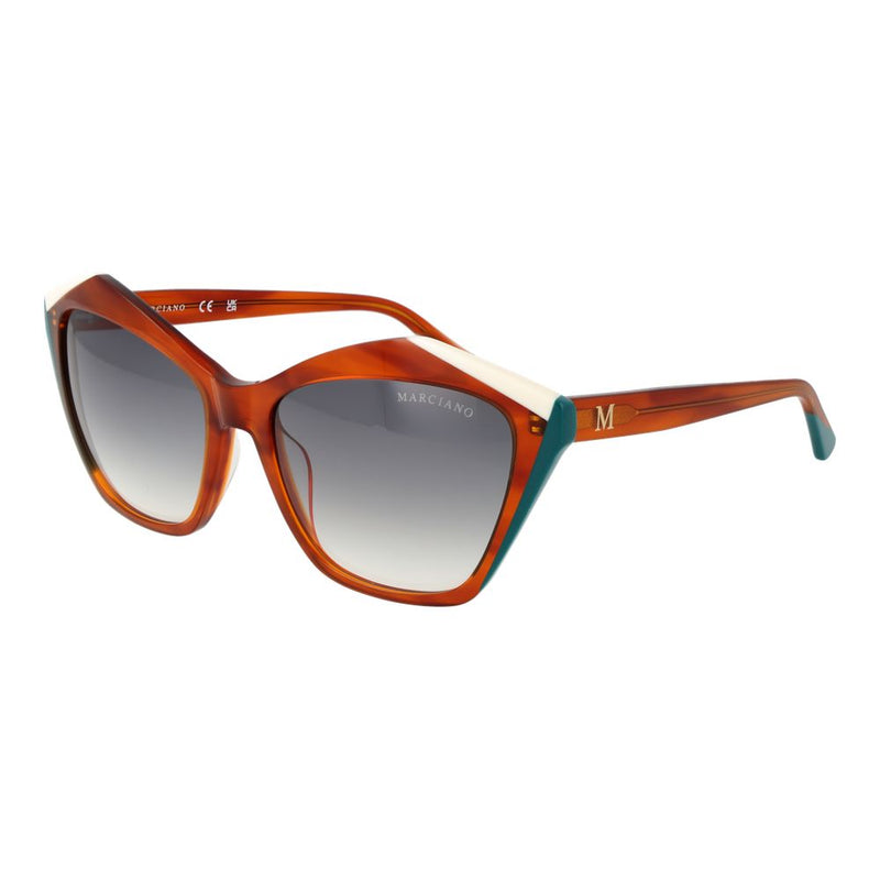 Marciano copper acetate cat-eye sunglasses with gradient lenses, white brow accents, and teal temple corners