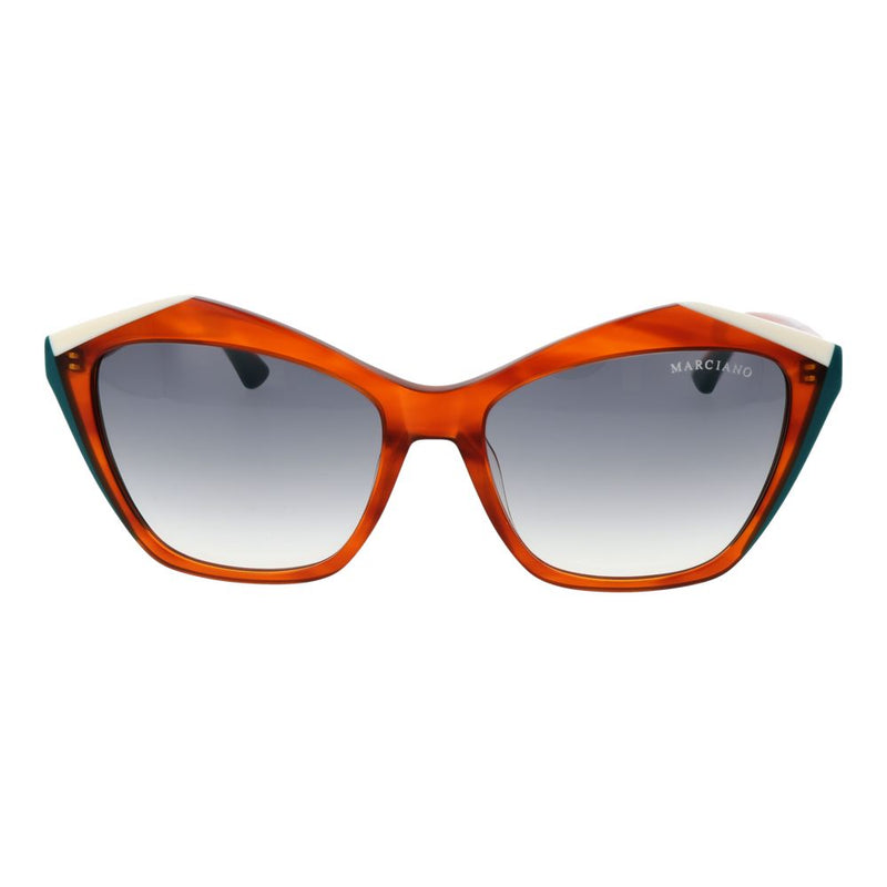 Copper acetate cat-eye sunglasses with gradient lenses and white and teal accents