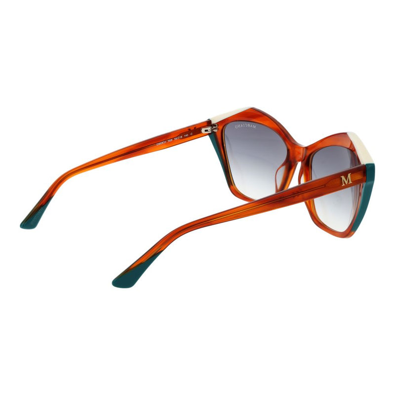 Copper acetate sunglasses with gradient lenses, white brow accents, and teal temples