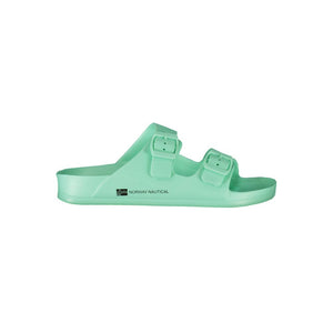 Mint green plastic double-buckle slide sandal by Norway 1963 with a molded footbed.