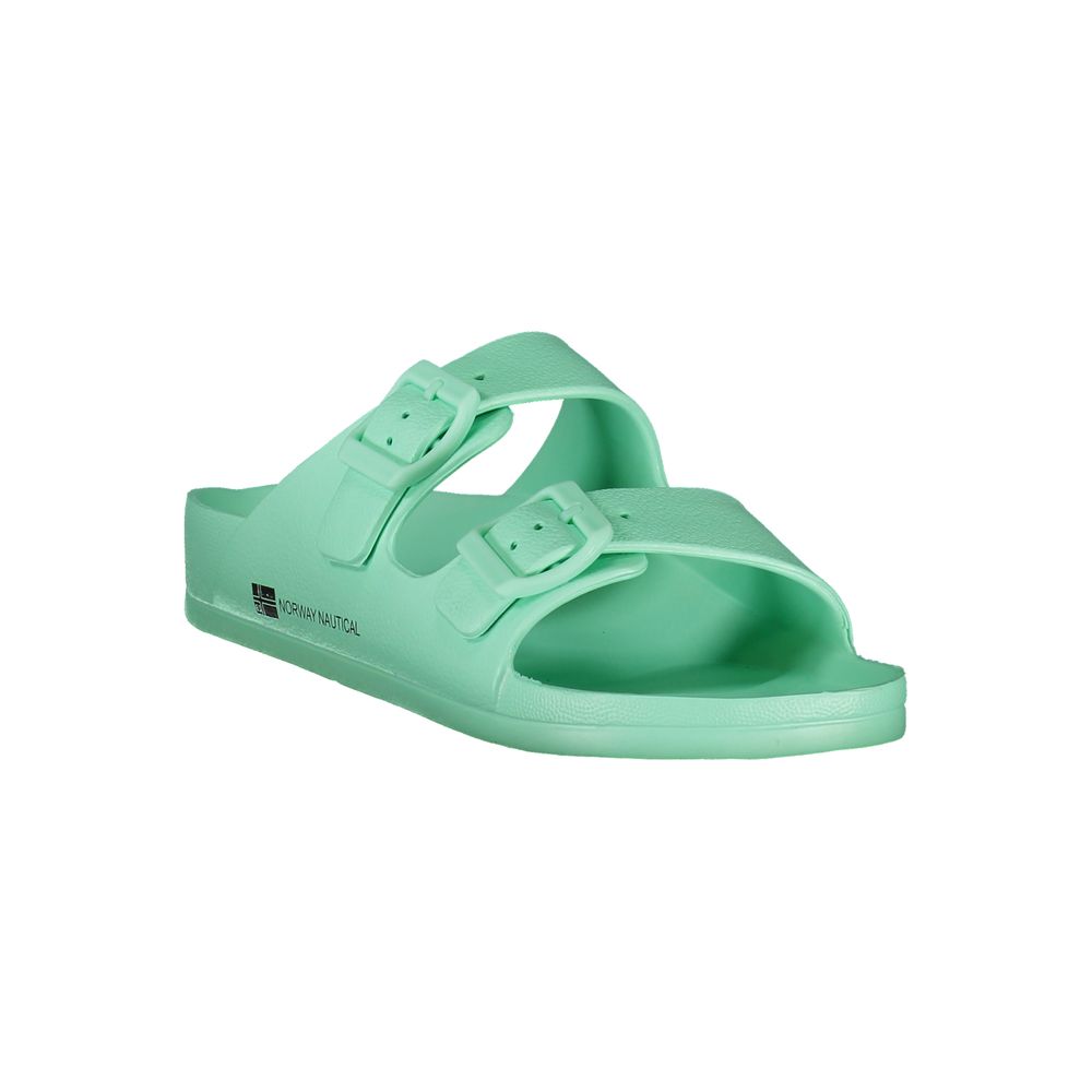 Mint green plastic double-buckle slide sandal by Norway 1963.