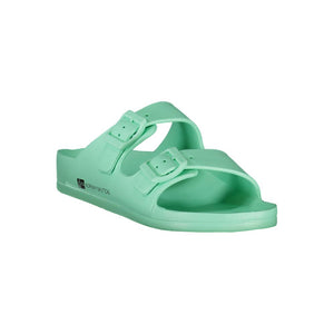 Mint green plastic double-buckle slide sandal by Norway 1963.