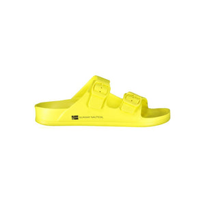 Bright yellow plastic double-buckle slide sandal by Norway 1963, featuring a contoured footbed and side logo.