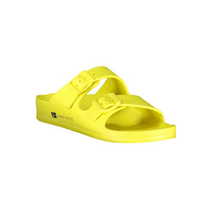 Yellow plastic slide sandals for women with a double-buckle strap design by Norway 1963.