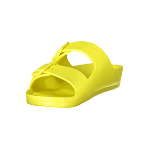 Bright yellow plastic double-buckle slide sandals for women.