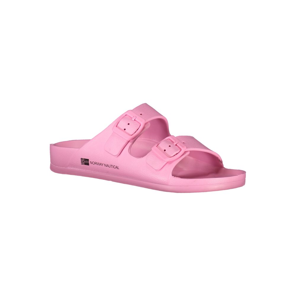 Pink plastic two-strap slide sandals with buckle detail and Norway Nautical branding on a white background.