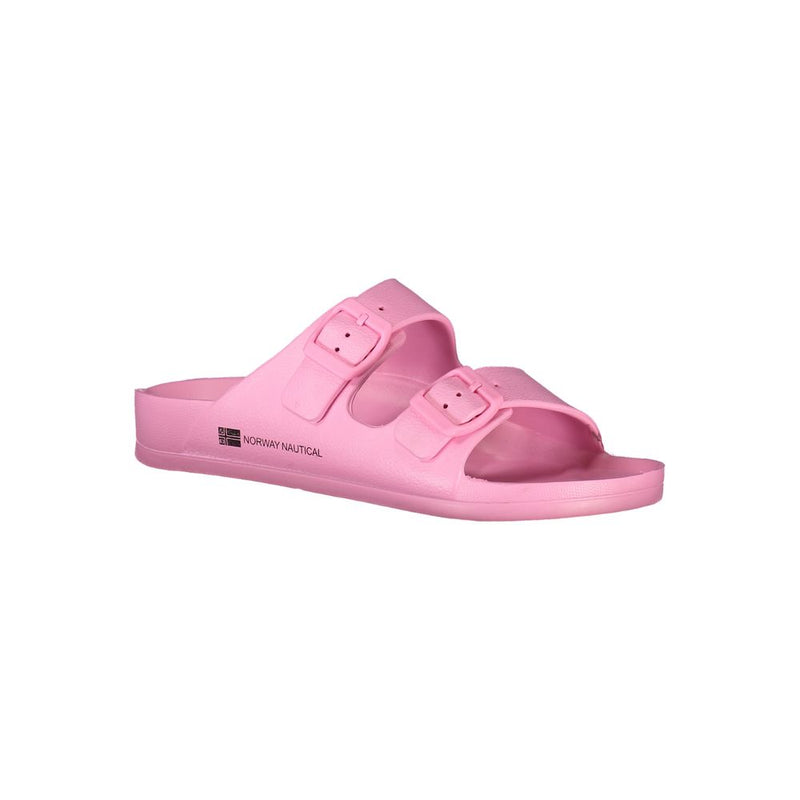 Pink plastic two-strap slide sandals with buckle detail and Norway Nautical branding on a white background.