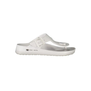 White Norway 1963 women's plastic thong sandal with buckle detail and nautical branding.