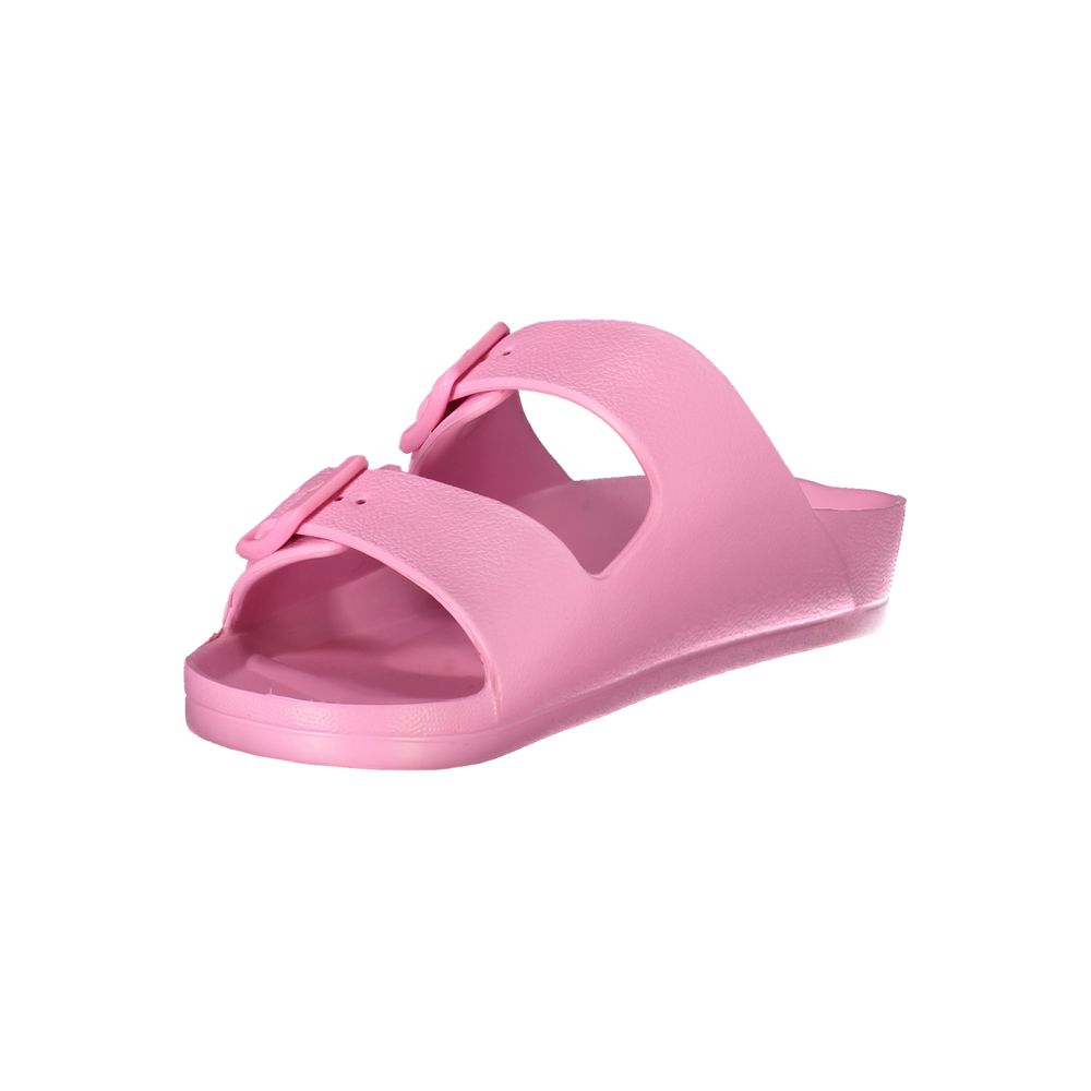 Pink plastic women’s double-strap slide sandal with buckle details.