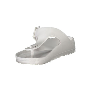 Women's Norway 1963 white plastic thong sandal with a side buckle strap on a contoured footbed.