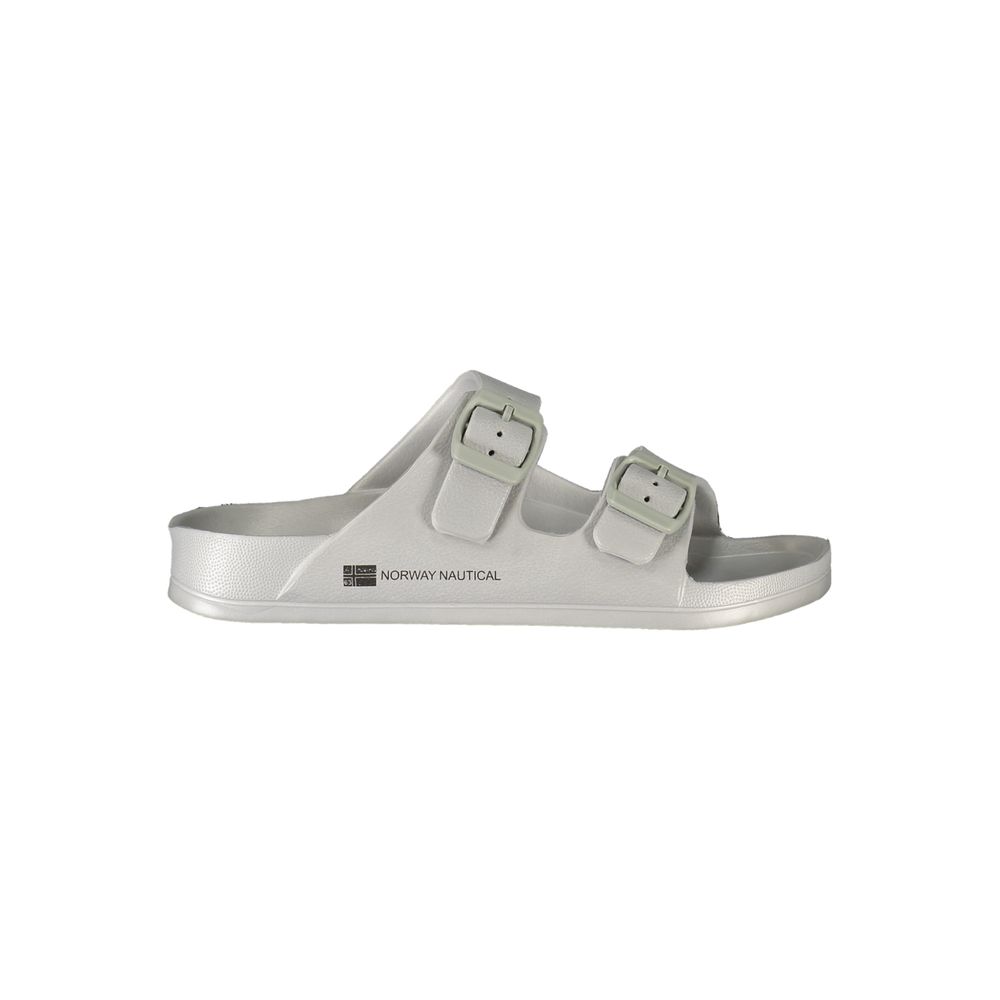 Grey Norway 1963 plastic slide sandals with double buckle straps and side branding.