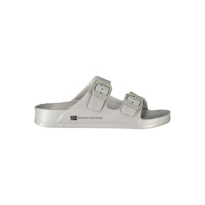 Grey Norway 1963 plastic slide sandals with double buckle straps and side branding.