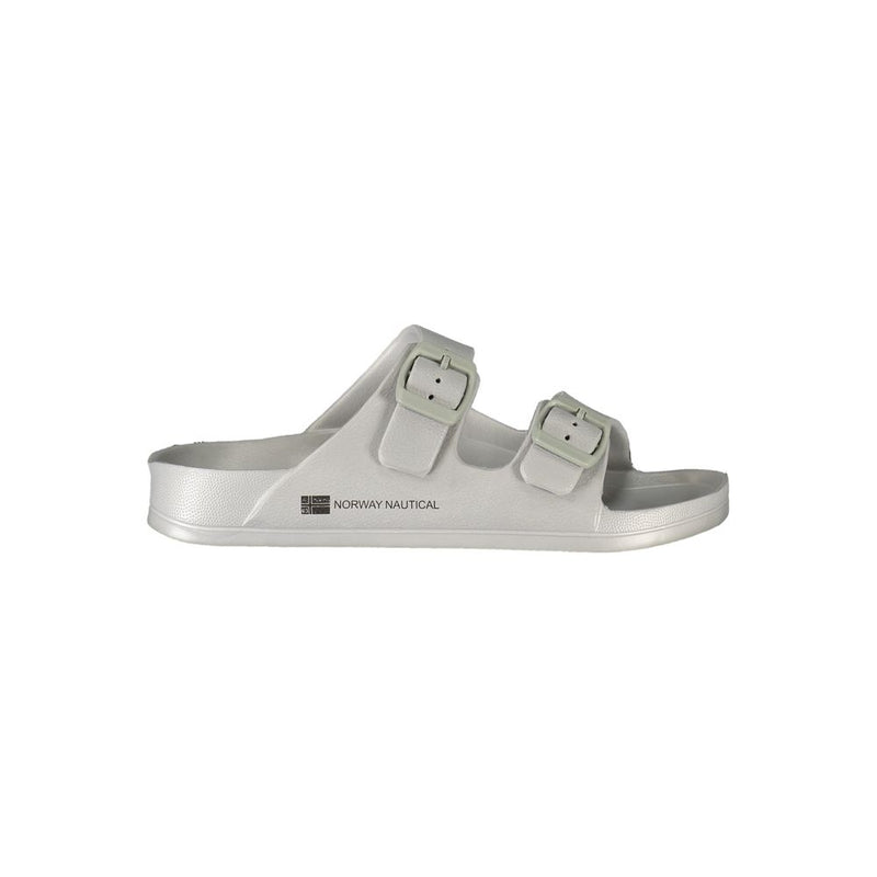 Grey Norway 1963 plastic slide sandals with double buckle straps and side branding.