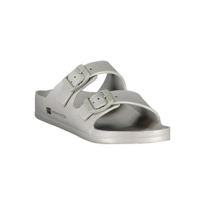 Light gray plastic double-buckle sandal by Norway 1963, featuring a comfortable contoured footbed style.