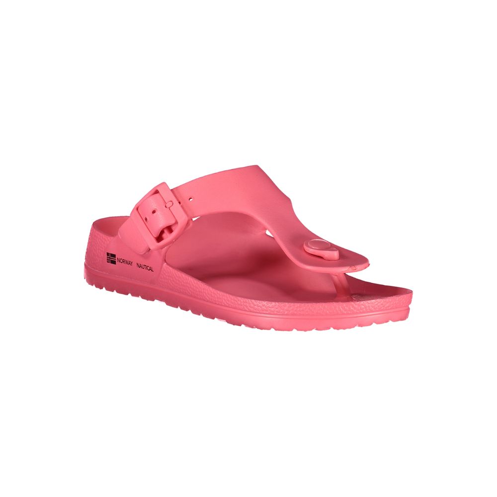 Pink plastic thong sandal with buckle strap and Norway Nautical branding on the side.