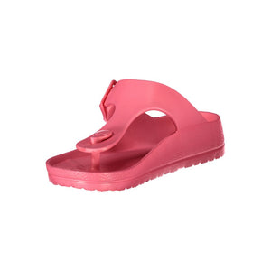 Bright pink women's plastic thong sandal with a buckled strap, presented as a single shoe.