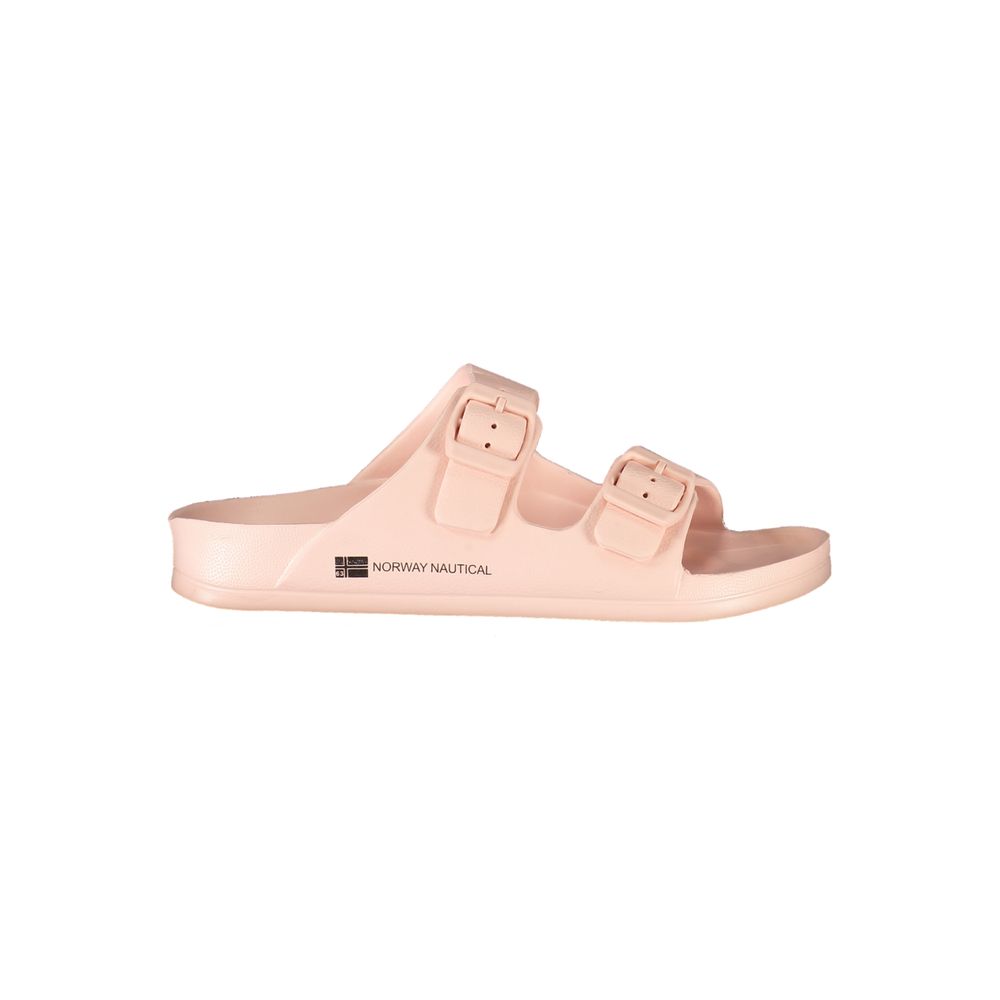 Pink plastic double-buckle slide sandal by Norway 1963, featuring a contoured footbed and side logo.