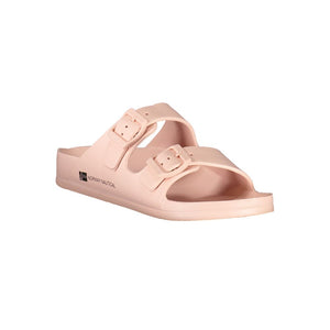 Women's light pink plastic double-strap ciabatta slide sandal with side buckles by Norway 1963.