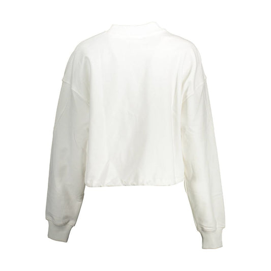 Back view of a white cotton women's crewneck sweatshirt with long sleeves