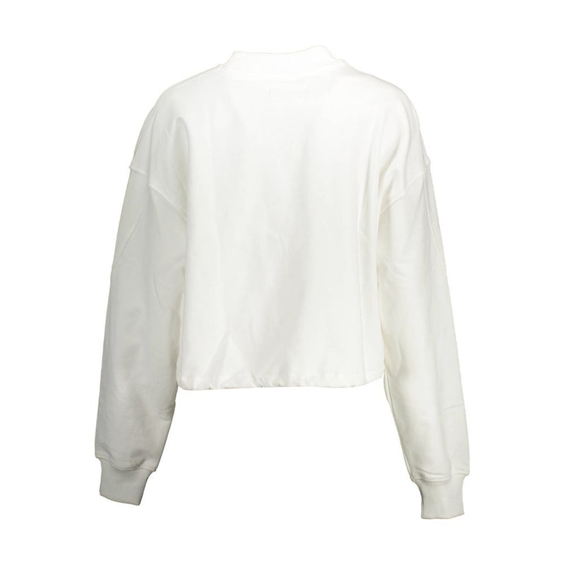 Back view of a white cotton women's crewneck sweatshirt with long sleeves