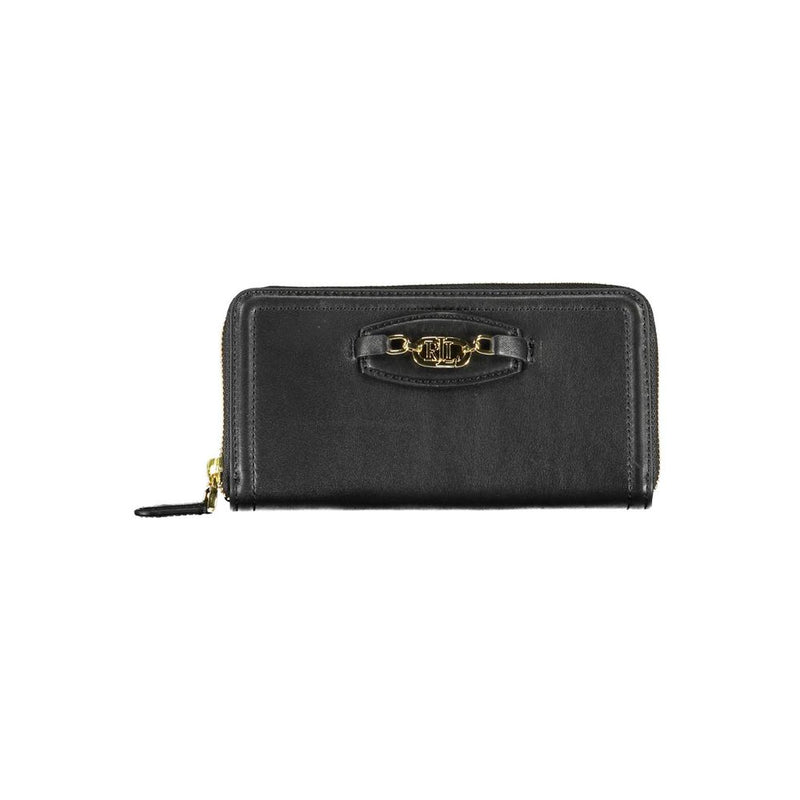 Black polyurethane zip-around women wallet with gold-tone hardware and logo detail