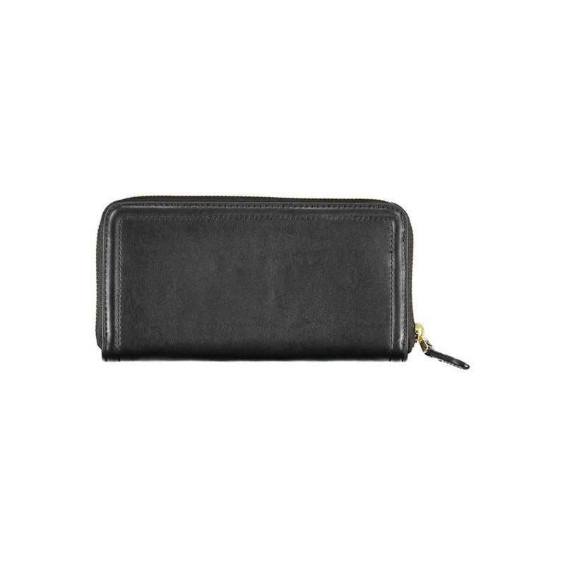 Black polyurethane zip around wallet with gold hardware