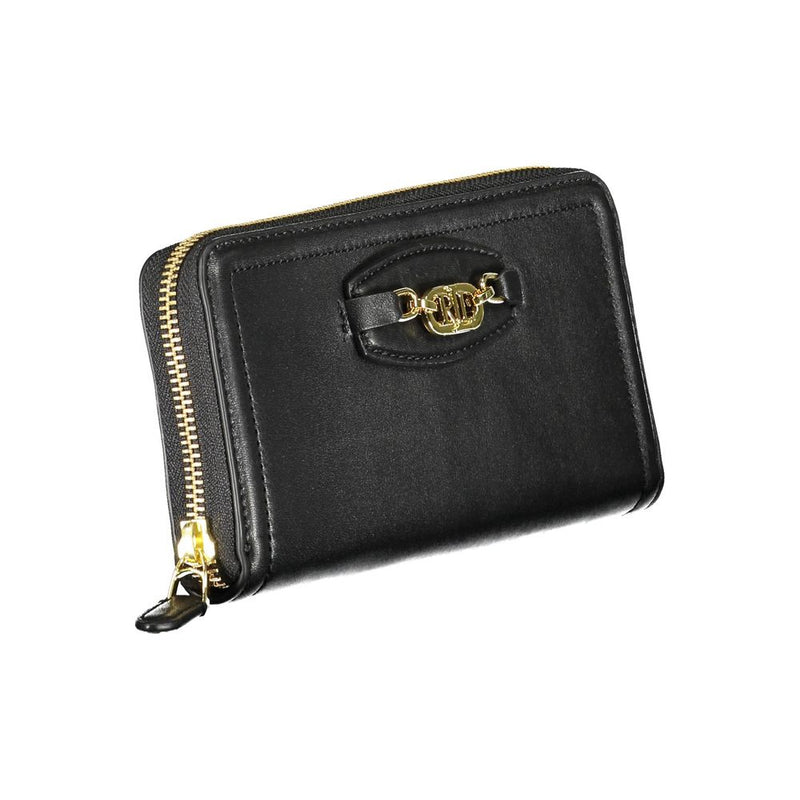 Black polyurethane women zip-around wallet with gold hardware and logo badge