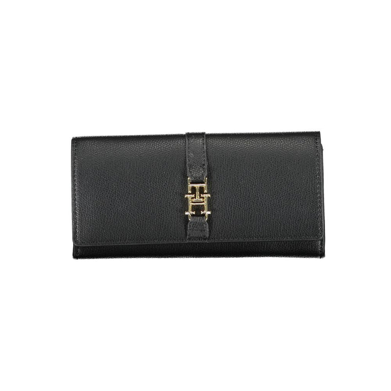 Black leather wallet with a gold clasp closure