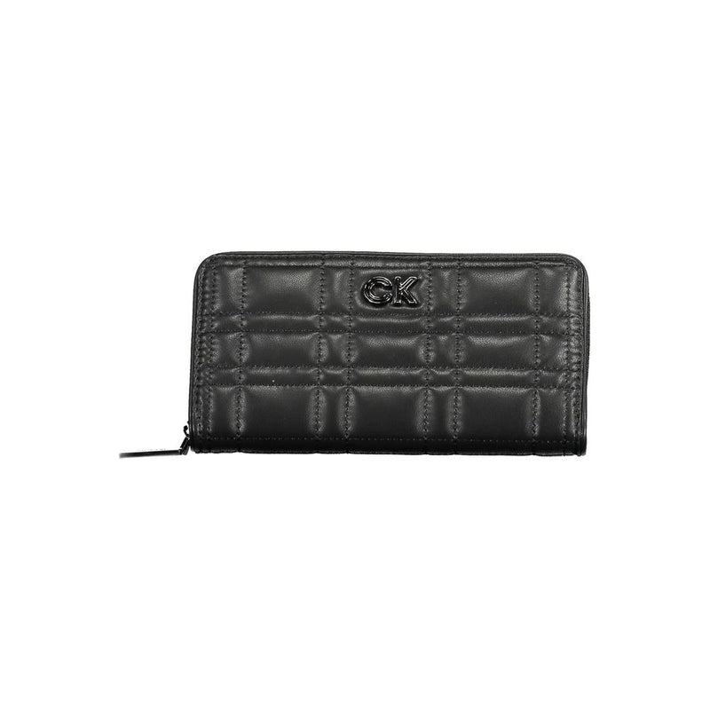 Black quilted polyurethane women zip-around wallet with metal CK logo