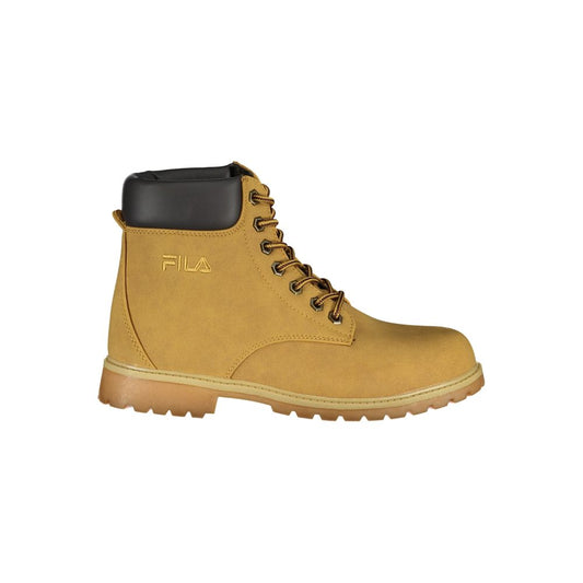 Fila women's yellow polyester ankle boot with a black padded collar, lace-up front, and a thick, lugged gum sole.