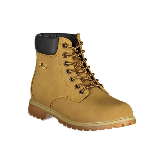 Fila women’s yellow polyester ankle boot with black collar, brown laces, and a durable lug sole.