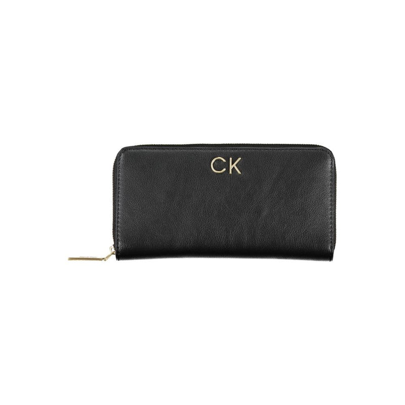 Black Calvin Klein zip-around wallet with gold CK logo on polyester