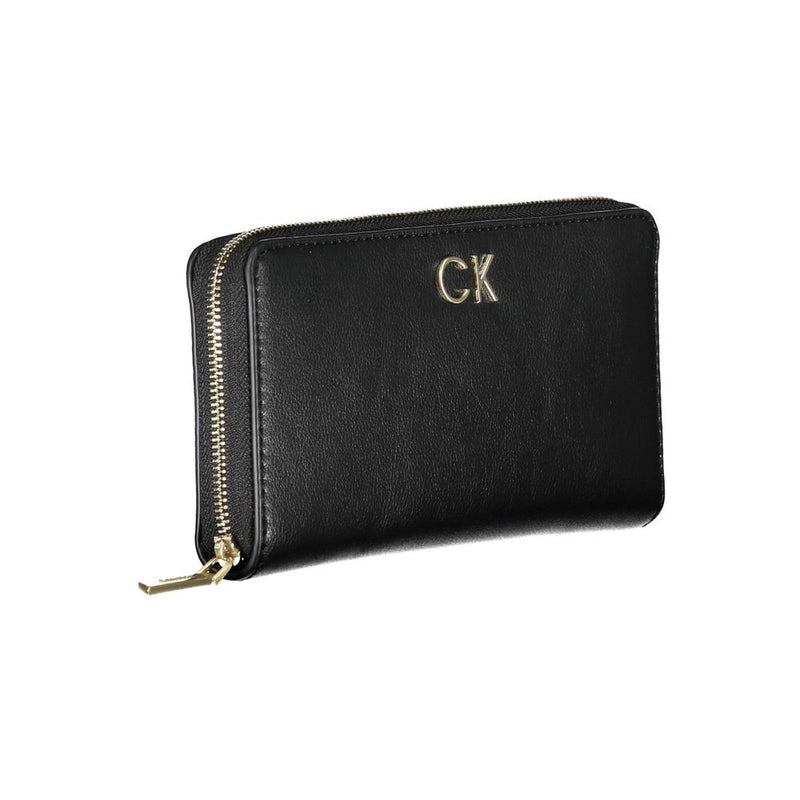 Black polyester zip-around women's wallet with gold CK logo