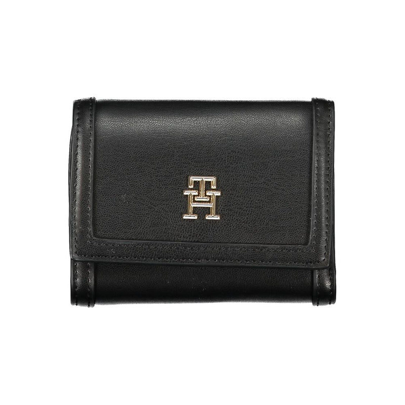 Black polyurethane Tommy Hilfiger women's trifold wallet with gold hardware