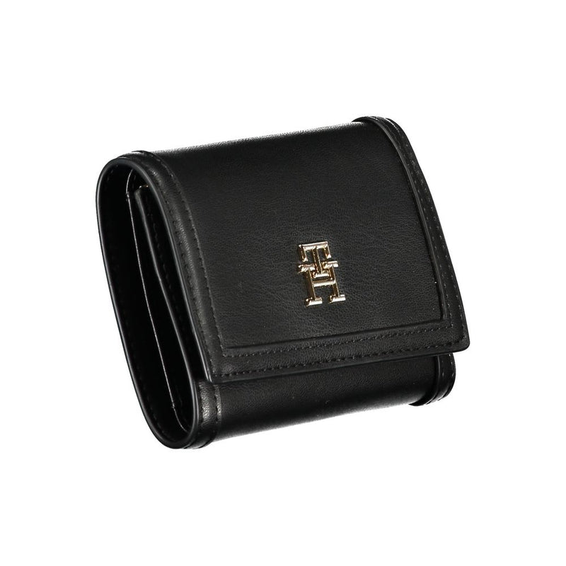 Black polyurethane women trifold wallet with gold TH logo
