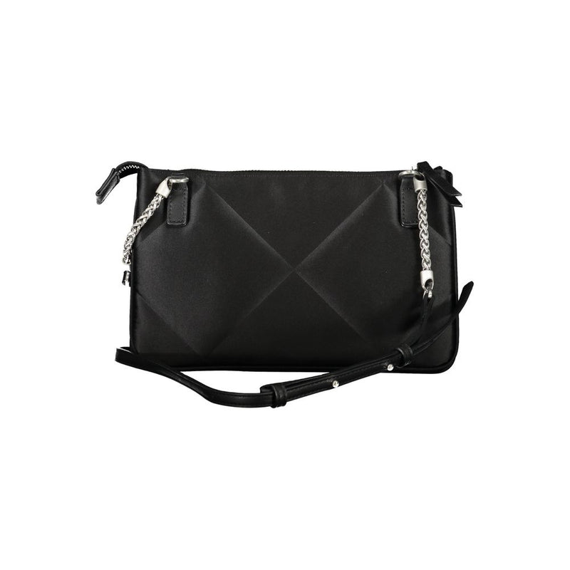 Black polyester shoulder bag with geometric quilted pattern and silver chain accents