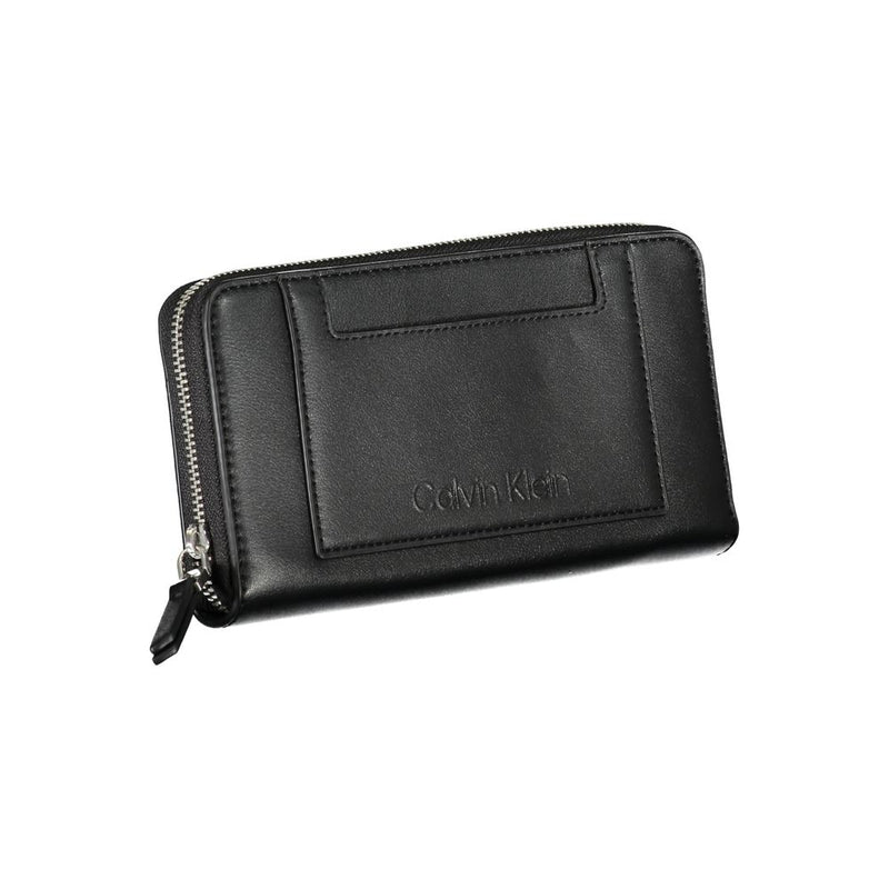 Black polyester zip-around women wallet with a front pocket and logo