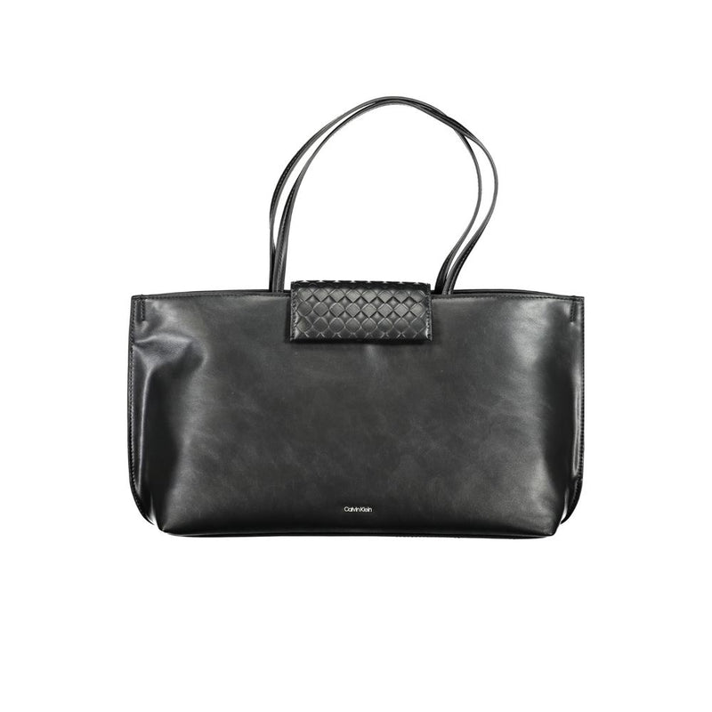 Black faux leather tote handbag with double straps and woven flap detail
