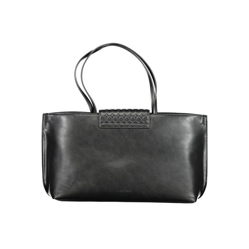 Black polyester tote handbag with thin double straps and woven detail