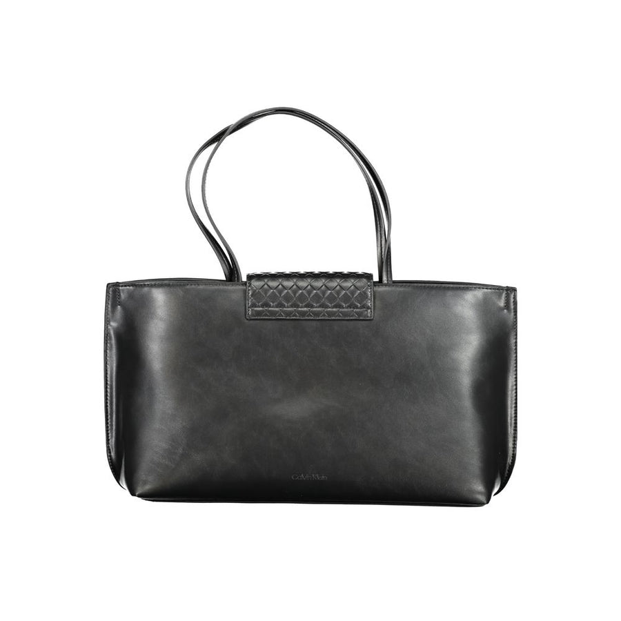 Black faux leather tote handbag with double straps and woven flap detail