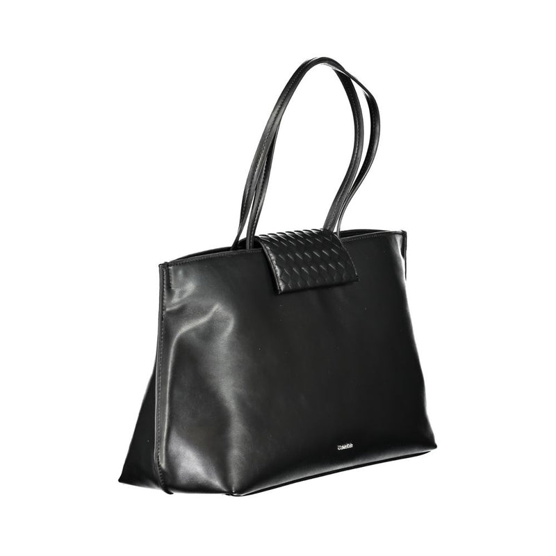 Black polyester tote handbag with thin double straps and woven flap detail