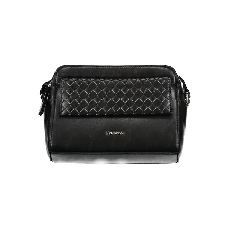 Black polyester Calvin Klein women's shoulder bag with a woven front flap and silver logo