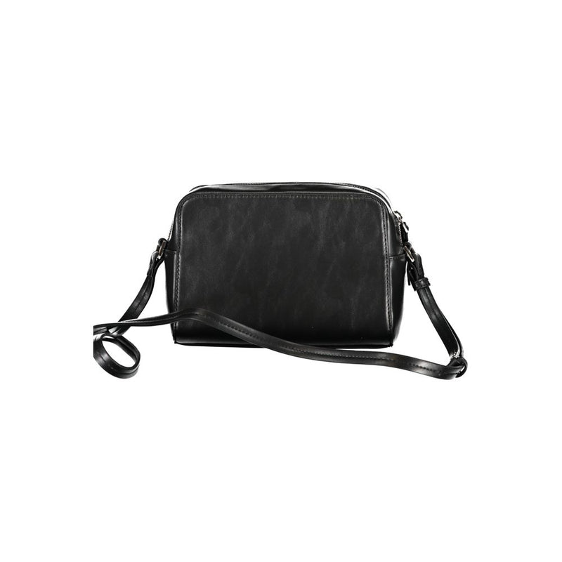 Black polyester shoulder bag with a structured rectangular shape and thin strap