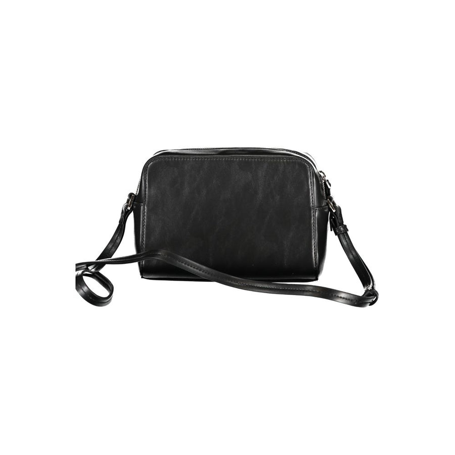 Black polyester Calvin Klein women's shoulder bag with a woven front flap and silver logo