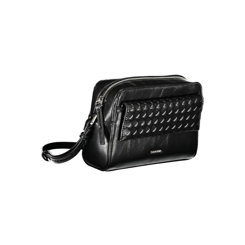 Black polyester Calvin Klein shoulder bag with a woven front pocket and zipper closure