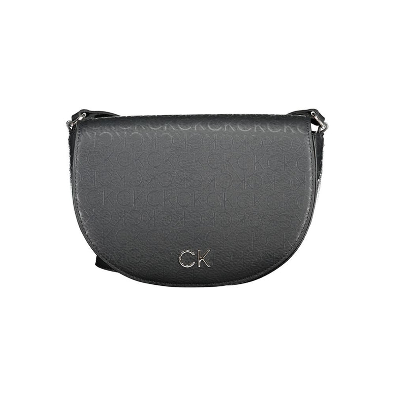 Black polyurethane Calvin Klein saddle shoulder bag with monogram print and silver CK logo