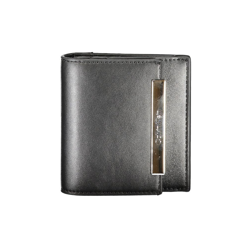 Black polyurethane Calvin Klein women's bifold wallet with a metallic logo bar