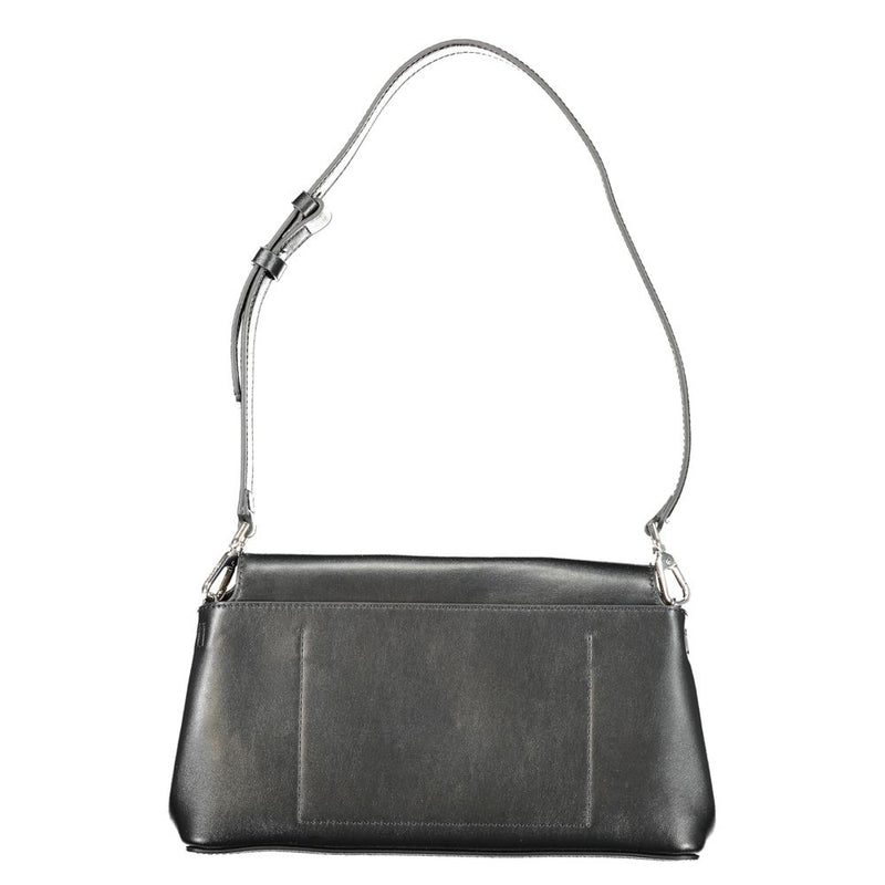 Black polyurethane women's shoulder bag with a single adjustable strap and structured design